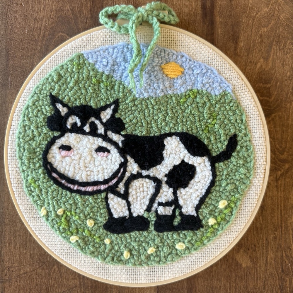 Punch Needle Handmade Cow Wall Hanging Cute Cow Farm Children's Room 8" Country